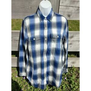 Women's GAP Boyfriend Fit Button Front Plaid Shirt Sz Medium Blue Long-Sleeve